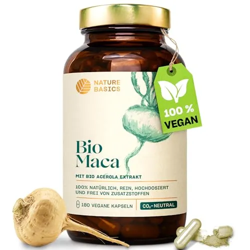 Nature Basics Bio Maca mit Vitamin C - Veganer Vitamin-Booster in nachhaltigem Braunglas, unterstützt die natürliche Energie und Vitalität für einen aktiven Lebensstil.