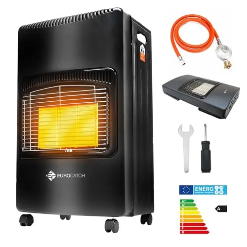 Eurocatch Gasherd - Mobiler Ofen Inkl. Schlauch und Druckregler - Schwarz - 4200W - Mobile Gasheizung mit Keramische Heizplatte
