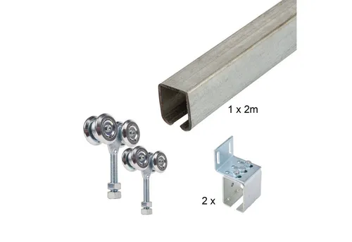 ATTAS Laufschienenprofil Laufwerkset Basic-Line geteilt – Flexibel und kosteneffizient - Laufwerksset mit geteilten Schienen bis 2 Meter, ideal für den Paketversand. Robuste, feuerverzinkte Schienen für den Außeneinsatz, wahlweise mit Stahl- oder Nylonlaufrollen für leisen Betrieb.