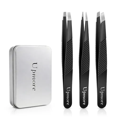 Upmore Pinzetten-Set mit rutschfestem Komfortgriff & mikro-geriffelten Spitzen 3X Edelstahl-Set Für präzises Entfernen von Augenbrauenhaaren,Wimpern und eingewachsenen Haaren (Schwarz-01)