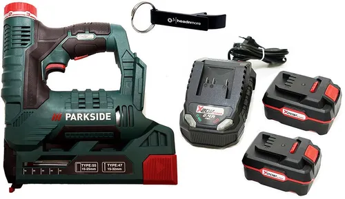 Parkside Akku-Tacker 20V PAT 20 - Serie PARKSIDE X 20 V Team - Tacker für Klammern und Nägel, mit einstellbarer Schlagkraft und Füllstandsanzeige, inklusive Transportkoffer und HEADNMORE Flaschenöffner, ideal für präzises Arbeiten.