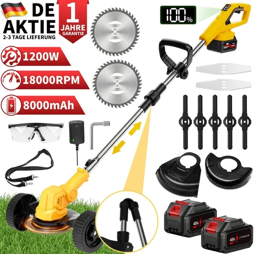 1200W Faltbarer Rasentrimmer mit 2 Akkus und Ladegerät - Vielseitiger Rasentrimmer mit Akku, inklusive Aufsätzen wie Heckenschere und Kettensäge. Ideal für kabelloses Arbeiten im Garten.