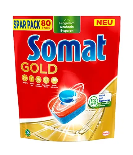 Somat Gold Spülmaschinen Tabs (80 Tabs), Geschirrspül Tabs für strahlend sauberes Geschirr auch bei niedrigen Temperaturen, Extra-Kraft gegen Eingebranntes