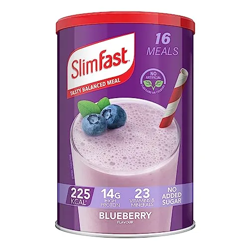 SlimFast Mahlzeitenersatz-Shake zur Gewichtsreduktion & ausgewogene Ernährung, Vitamine und Mineralstoffe, kalorienarm, hoher Protein, Heidelbeergeschmack, 16 Portionen, 584 g, Verpackung kann