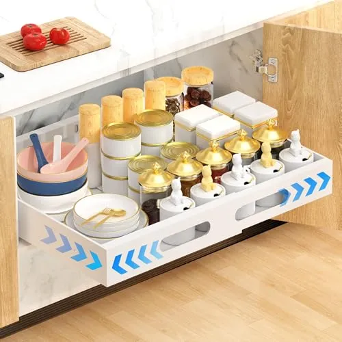 VANGONA 1 Stück Ausziehbare Schublade Küche, 34-50cm Teleskopschublade Nachrüsten, Küchenschrank Organizer Ausziehbar mit Kleber und Nägeln, Ausziehbarer Schrank Organizer für Küche Pantry
