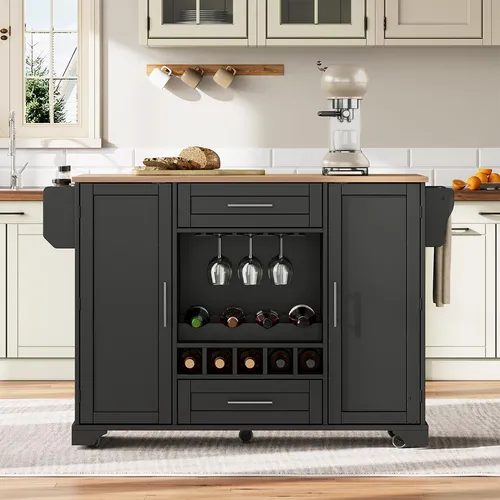 Küchenwagen mit klappbarer Arbeitsplatte und Weinregal Kücheninsel Küchenschrank 120x45/70x92cm Schwarz