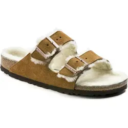Birkenstock Damen Arizona Shearling Suede Sandale - Größe 41, braun - Wanderschuhe: Warme Lammfell-Pantolette mit doppeltem Riemen, ideal für kalte Tage daheim oder unterwegs.