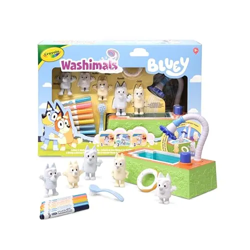Crayola Washimals, Bluey, Kreativ-Set mit Pool und 5 Welpen, Schwimmweste | 8 abwaschbaren Filzstiften, funktionierendem Pool, Bürste, Spielzeug und Geschenk für Kinder, ab 3 Jahren