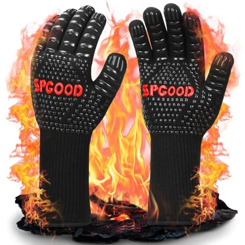 SPGOOD Grillhandschuhe hitzebeständig 800 Grad feuerfeste Handschuhe Kochhandschuhe Backhandschuhe für Küche Grill BBQ Ofenhandschuhe (Schwarz, M/XL)