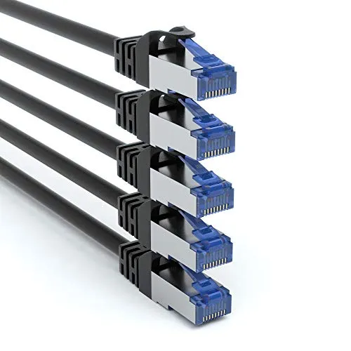 JAMEGA - 5 Stück - 0,25m CAT 7 Netzwerkkabel Gigabit Ethernet LAN Kabel in schwarz | 10000 Mbit s | Patchkabel Cat.7 Rohkabel SFTP PIMF Schirmung RJ45 Stecker | Switch Router Modem Access Point