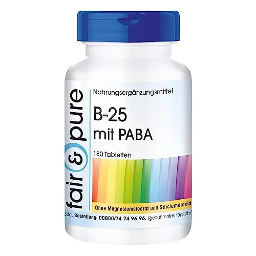 Fair & Pure® - B-25 mit PABA - 180 Tabletten - Vitamin B-Komplex mit B1, B2, B3, B6, B12, Folsäure, Biotin, Pantothensäure, Inositol, Cholin und PABA - vegan - hochdosiert
