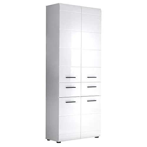 trendteam smart living Skin Hochschrank - Hoch- & Midischränke fürs Bad mit 12 Fächern und 2 Schubladen, in pflegeleichtem Weiß Hochglanz, perfekt für optimalen Stauraum im Badezimmer.