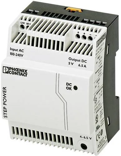 PHOENIX CONTACT STEP-PS/1AC/5DC/6.5 Stromversorgung - Netzteile mit 1-phasigem Eingang und 5 V DC / 6,5 A Ausgang. Hohe Zuverlässigkeit durch über 500.000 Stunden MTBF und energieeffiziente Leistung.
