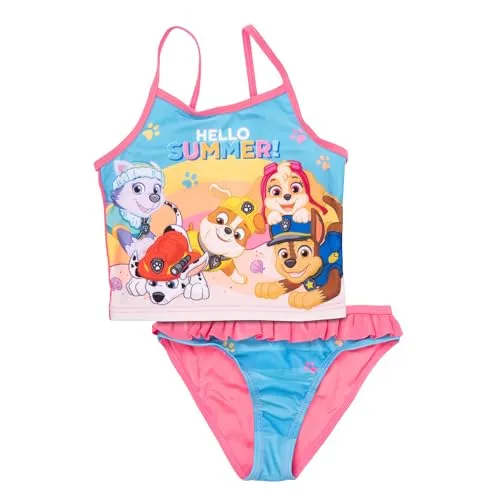 United Labels Paw Patrol Tankini Badeanzug für Mädchen mit Rüschen, Hello Summer, Rosa Blau, 98-104, zweiteiliges Bademode Set Kinder, Schwimmkleidung