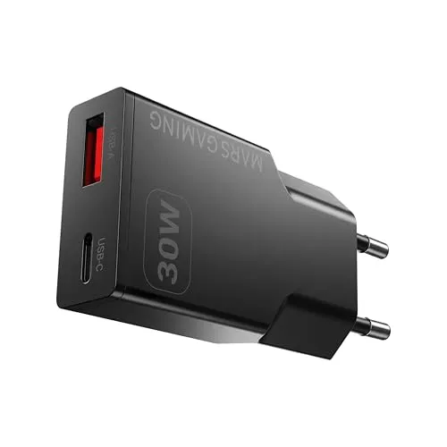 Mars Gaming MD-GAN30, USB-Ladegerät 30W, Schnellladung PD 3.0 und QC 3.0, GaN-Technologie, ultrakompaktes und leichtes Format, 9 Sicherheitsvorkehrungen, USB-C- und USB-A-Anschluss, Schwarz