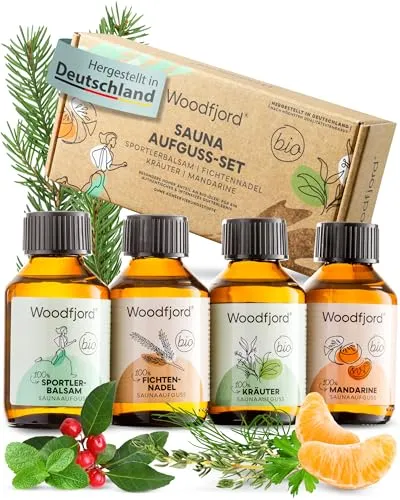 WOODFJORD Saunaaufguss Set BIO Aktiv – 4 verschiedene Düfte & Öle - Erleben Sie authentische Sauna-Momente mit unserem Set aus 4 natürlichen Düften. Ideal für intensives Dufterlebnis und aus kontrolliertem Anbau, ohne künstliche Zusätze. Perfekt für Ihre Entspannung!