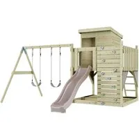 PolarPlay Spielturm Björn aus Holz in Rosa - Schaukel & Spielturm aus robustem Fichtenholz, sicher gemäß DIN EN 71, ideal für ein kreatives Spielparadies im Garten.