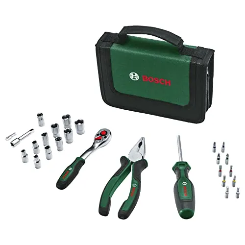 Bosch 26-teiliges Mobility-Handwerkzeug-Set - Kompaktes Werkzeug-Set für Heimwerker und Unterwegs, inklusive ¼-Zoll-Ratsche, Kombizange und Universalschraubendreher in praktischer Stofftasche für optimale Handhabung.