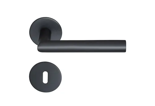 MeinTürgriff Drückergarnitur Toulouse schwarz matt - Türsicherungen mit stilvoller Flachrosette, ideal für moderne Innentüren und bietet eine elegante Lösung für jeden Raum.