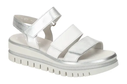 Gabor Damen Plateausandalen – Bequeme Sommerschuhe in Weiss/Silber-Kombi - Kategorie: Wanderschuhe. Diese Plateausandalen bieten eine dicke, bequeme Sohle und sind ideal für entspannte Sommertage.