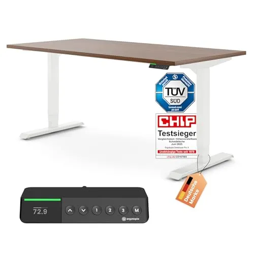 Ergotopia Desktopia Pro X - Elektrisch höhenverstellbarer Schreibtisch (Nussbaum, Gestell Weiß, 120 x 80 cm) - Ergonomischer Stehtisch für Büro und Home Office mit stufenloser Höhenverstellung, flüsterleisen Motoren und praktischem OLED-Handset für individuelle Einstellungen.