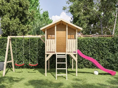 Stelzenhaus Toby mit Doppelschaukel und Rutsche in Pink - Das Stelzenhaus Toby mit Doppelschaukel und Rutsche in Pink verwandelt jeden Garten in ein kreatives Spieleparadies. Robuste Konstruktion aus Fichtenholz und vielseitige Spielmöglichkeiten fördern Bewegung und Fantasie.
