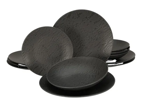 CreaTable 20540 Serie Schiefer Black - 12-teiliges Geschirrset - Tafelservice in edlem Schwarz-Grau, spülmaschinen- und mikrowellengeeignet, mit außergewöhnlichem Relief und langer Haltbarkeit für stilvolle Tischdekoration.