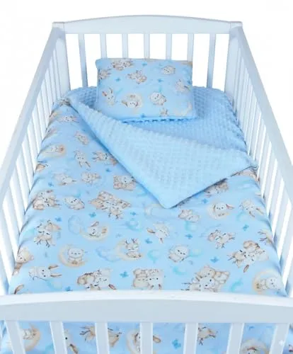 Babylux Babydecke 75x100 cm mit Kissen 30x35 cm – Kuscheldecke aus Minky & Baumwolle – Krabbeldecke für Kinderwagen, Babybett & Spielgruppe (K163 Blau + Schnuckis)