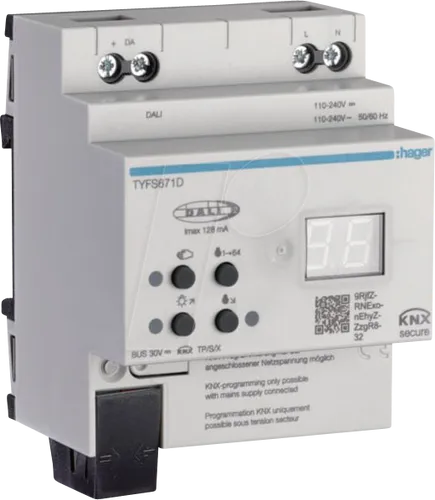 Hager KNX/DALI 2 Gateway Secure TYFS671D - Elektroinstallation, DALI2-zertifiziertes Gateway für die Ansteuerung von bis zu 64 DALI-Geräten mit Farbsteuerung und Szenenaufrufen für optimales Lichtmanagement.