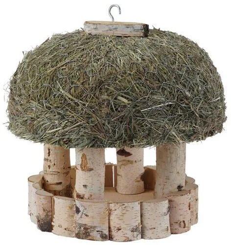 Dehner Natura Premium Wildvogel Futterhaus Stuttgart - Hochwertige Futterstation aus Birkenholz mit Heudach, ideal für die ganzjährige Fütterung von Wildvögeln. Inklusive Haken zum einfachen Aufhängen, Ø29 cm.