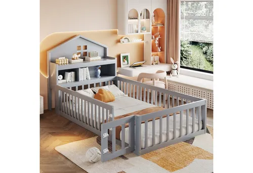 Odikalo Kinderbett Flachbett mit Hausleiste und Stauraum 90x200cm Weiß/Grau - Massivholz-Kinderbett 90x200cm mit einzigartigem Hausdesign und praktischen Einlegeböden. Sicherer Schlafplatz mit Schutzgitter, ideal für Kinderzimmer. Robust und langlebig!
