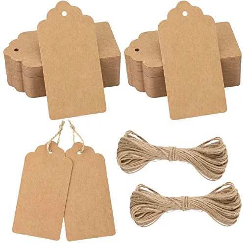 jijAcraft 100 Stück Geschenkanhänger Groß Kraftpapier Anhänger Etiketten 5 x 10 CM, Anhängeetiketten mit Juteschnur, für Geschenkverpackung, Lesezeichen, Hochzeit, Weihnachten (Braun)