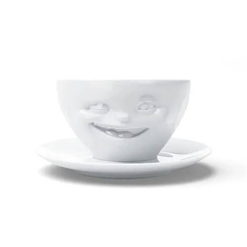 FIFTYEIGHT PRODUCTS / Kaffeetasse mit Unterteiler „Zwinkernd“ (Porzellan, 200 ml, weiß, Made in Germany)
