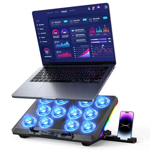 Produktbild Trullypine Laptop Kühlpad für 12-17,3 Zoll, leistungsstarke 12 leise Lüfter, schnelle Kühlung, ergonomischer Notebook Cooler Ständer, 5 höhenverstellbar, 2 USB-Anschlüsse, Telefonhalter (LCD)
