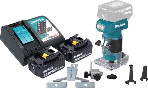 Makita DRT 52 RM Akku Kantenfräse 18 V - Fräsen, bürstenloser Motor für längere Lebensdauer, LED-Arbeitslicht für bessere Sicht, inklusive 2 Akkus und Ladegerät – ideal für Tischler und Heimwerker.