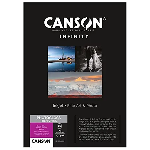 Canson 206231003 PhotoGloss Premium RC Box, Photopapier A4 - Hochwertiges Fotopapier in A4, 25 Blatt, 270g, mit glänzender, extraglatten Oberfläche – ideal für brillante Druckergebnisse und sofortige Trocknung.