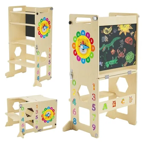 4-in-1 Lernturm Klappbar für Kinder | Stabiler Montessori Learning Tower mit Tafel und Lernuhr