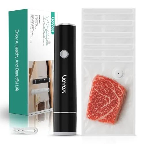 VOYOR Handvakuumierer für Essen mit 5 Wiederverwendbaren Verbesserten Vakuumbeuteln Tragbares Vakuumiergerät für Lebensmittel zur Lebensmittelkonservierung&Lagerung Mini Vakuumiergerät VS500 (Schwarz)
