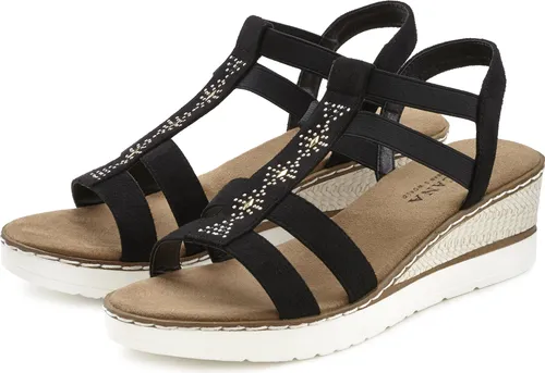 LASCANA Sommerschuh Sandale mit Keilabsatz und Schmucksteinen in Schwarz - Elegante Sandale mit 6 cm Keilabsatz, ideal für feminine Looks. Der Stretcheinsatz sorgt für optimalen Tragekomfort. Perfekt für sonnige Tage!