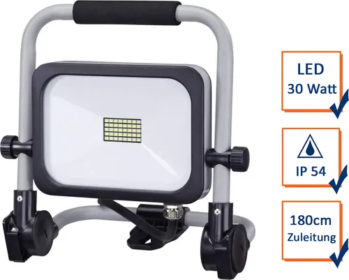 REV 2707213050 BRIGHT LED Arbeitsleuchte auf Ständer, 30W - Strahler für Arbeitsbeleuchtung, klappbarer Standfuß und beweglicher Leuchtkörper für vielseitigen Einsatz im Außenbereich (IP54) mit 2500lm Helligkeit.