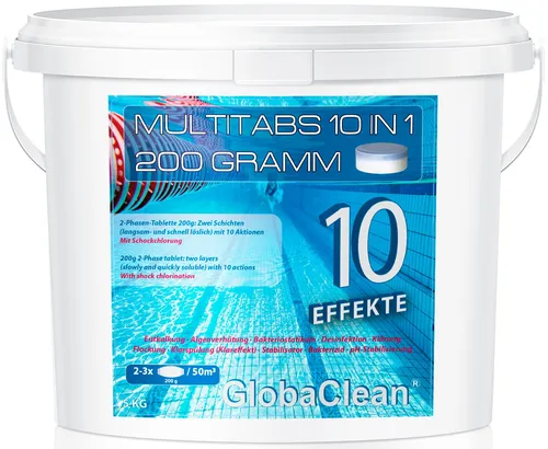 GlobaClean Chlor Multitabs 10 in 1 - Poolpflege leicht gemacht - Chlor für Pools ab 20m³: 10 Funktionen in einer Tablette, inklusive Desinfektion und Klärung. Einfache Anwendung ohne Abmessen - für sauberes Wasser über Wochen!