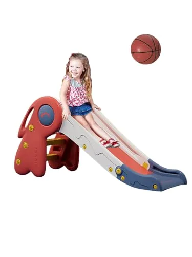 MAGIC SELECT Freistehende Rutschen,Faltbare Kinderrutsche mit Außen- und Innenrampe für den Garten mit Basketballkorb, rutschfeste Treppe für Spiele,Multifunktional, Sicher.Rot