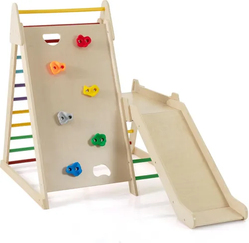 COSTWAY 3 in 1 Klettergerüst Indoor für Kinder - Vielseitiges Klettergerüst mit Rutsche, zwei Kletterleitern und Kletterwand. Robuste Holzstruktur und kindersichere Details sorgen für sicheres Spielen und stundenlangen Spaß.
