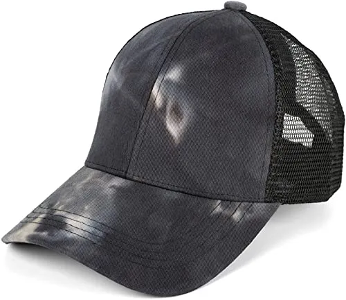 styleBREAKER Damen Ponytail Baseball Cap im Batik Look mit Mesh Einsatz, Basecap, Klettverschluss verstellbar 04023081, Farbe:Grau-Schwarz