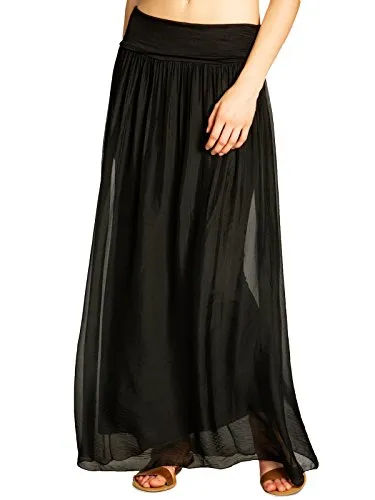 Caspar RO025 Damen Sommer Rock - Eleganter Faltenmaxirock in Schwarz, Größe M/L - Damen Röcke - Wunderschöner, blickdichter Maxirock aus leichter Viskose-Seidenmischung, perfekt für Alltag und besondere Anlässe. Figurfreundlicher Schnitt mit elastischem Stretchbund.