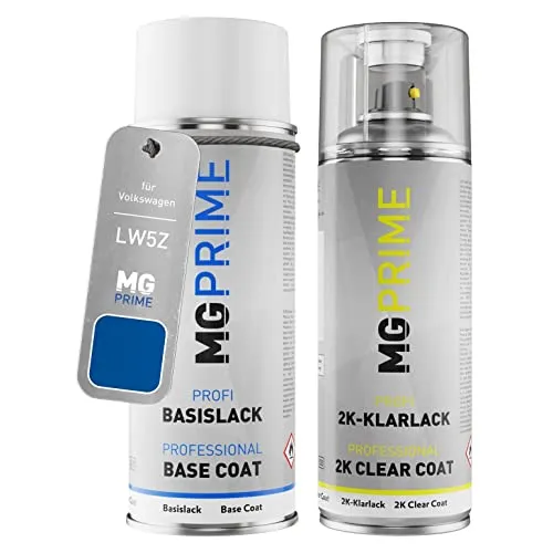MG PRIME Autolack 2K Spraydosen Set für Volkswagen VW LW5Z / W5Z / 1D Jazzblau Perleffekt/Jazz Blue Pearl Basislack 2 Komponenten Klarlack Sprühdose