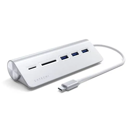 Satechi Type-C Aluminium USB Hub & Card Reader - USB-Adapter für schnelle Datenübertragung mit USB 3.0, elegantes Aluminiumdesign und kompakte Größe, ideal für unterwegs.