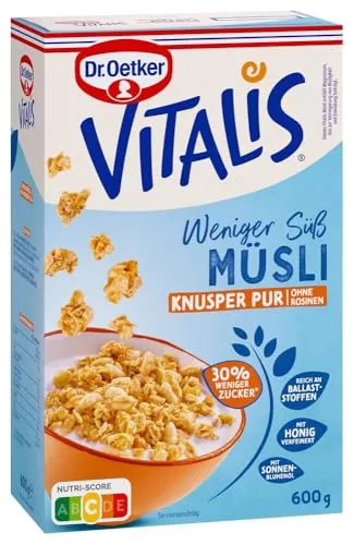 Dr. Oetker Vitalis Weniger Süß Knusper Pur: Knuspermüsli mit 30% weniger Zucker, 5er Packung, (5 x 600g)