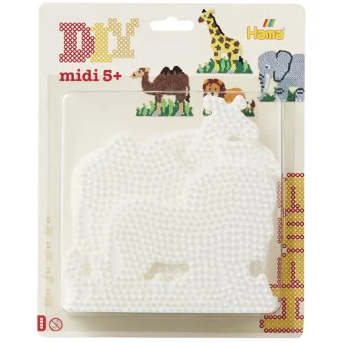 Hama Perlen 4582 Große Stiftplatten 4er Set für Midi Bügelperlen mit Durchmesser 5 mm, Motive Elefant, Giraffe, Löwe und Kamel in weiß, kreativer Bastelspaß für Groß und Klein