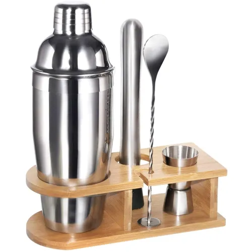 750ML Cocktail Shaker Set 5tlg Edelstahl Martini Mixing Kit - Hochwertiges Barkeeper-Kit mit 5 Teilen, inklusive praktischem Holzständer. Ideal für die Zubereitung von Cocktails und Drinks für gesellige Abende.